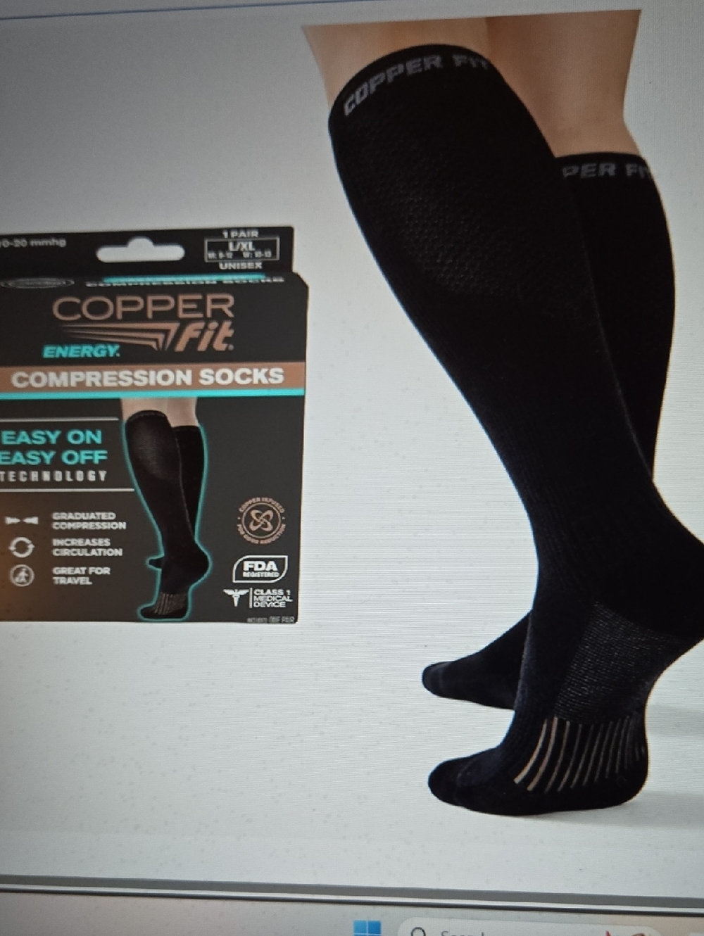 Copper Fit 1 Pair Men's Energy Compression Socks Black Eady On Easy Off L/XL New